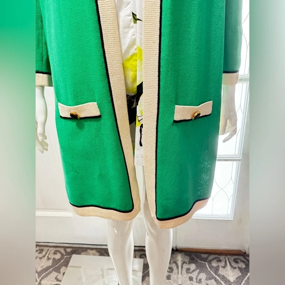 St. John Collection Long Green/Black Gold Buttons Open Front Cardigan Sz L P-38